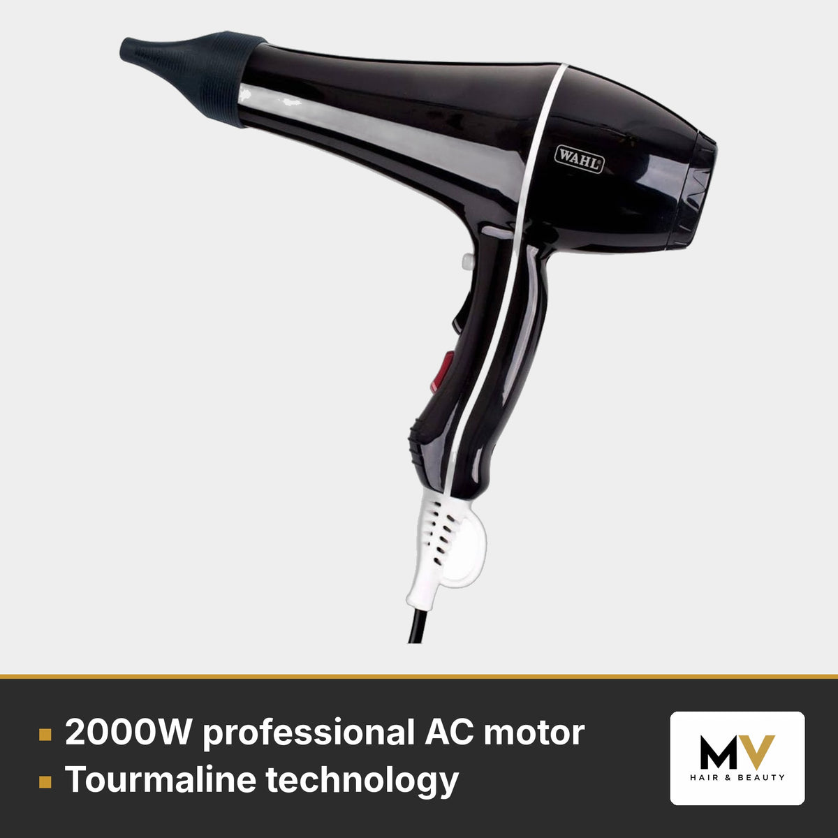 Wahl Power Dry 2000W Ionic Hair Dryer – Black – 2000W professional AC motor, Tourmaline technology