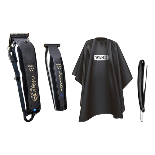 Wahl 5 Star Black Magic Clip & Detailer Li Combo + Jumbo Barber Cape & Folding Barber Razor – all bundle items together