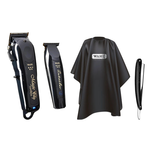 Wahl 5 Star Black Magic Clip & Detailer Li Combo + Jumbo Barber Cape & Folding Barber Razor – all bundle items together