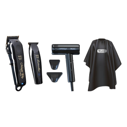 Wahl 5 Star Black Magic Clip & Detailer Li Combo + Vanquish Compact Dryer & Jumbo Barber Cape – all bundle items together
