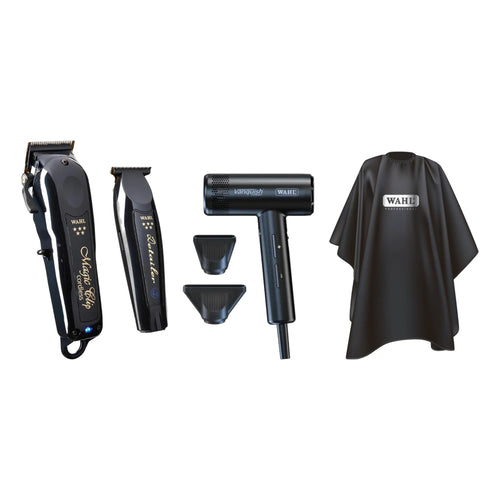 Wahl 5 Star Black Magic Clip & Detailer Li Combo + Vanquish Compact Dryer & Jumbo Barber Cape – all bundle items together