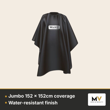 Wahl Jumbo Polyester Barber Cape – Black – Jumbo 152 x 152cm coverage, Water-resistant finish