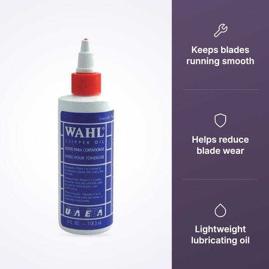 Wahl Clipper Oil 118ml – Professional Blade Lubricating & Maintenance Oil key benefits infographic