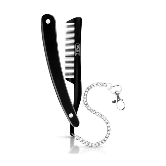 Wahl Cutthroat Comb, black folding razor-style comb with keychain clip