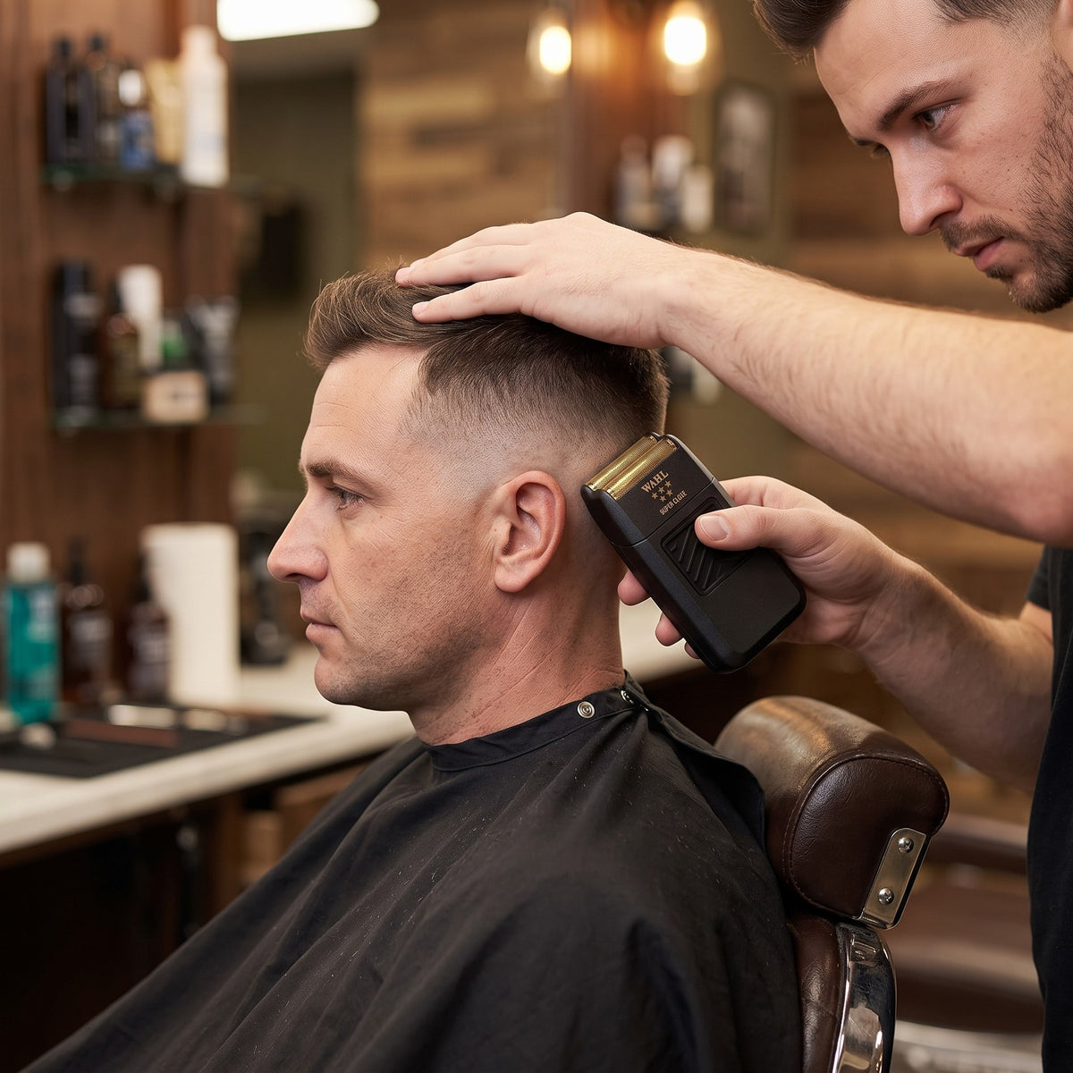 Barber using a Wahl Finale foil shaver on a client's neckline