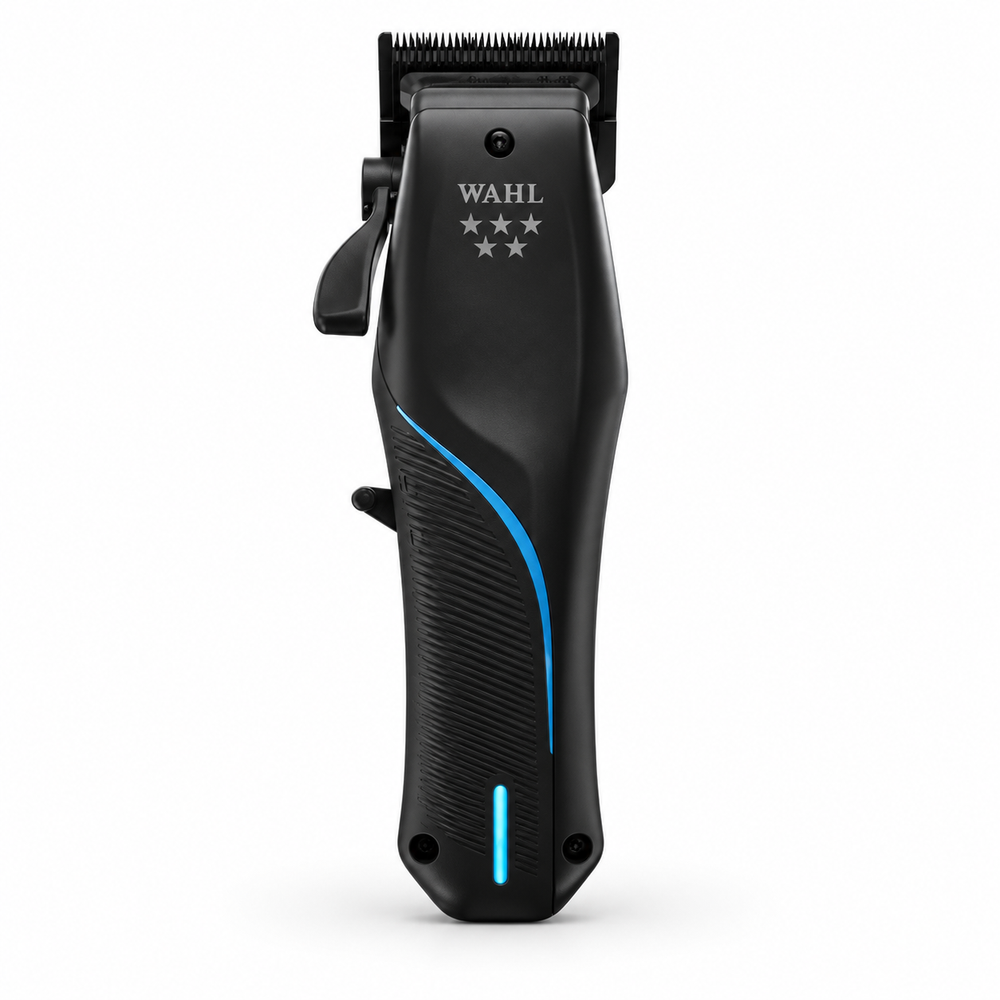 Wahl Vapor cordless clipper in black with blue accents, front view on a white studio background
