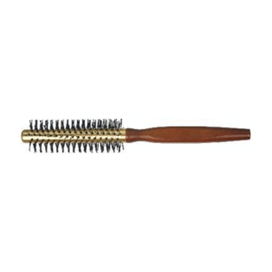 Small wooden round hair brush with a gold-tone vented barrel
